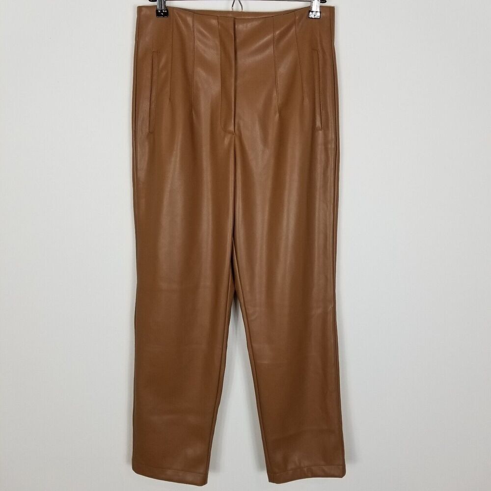 Aaron‎ & Amber Women Faux Leather Tapered Cropped Pants Size L Camel Brown Party